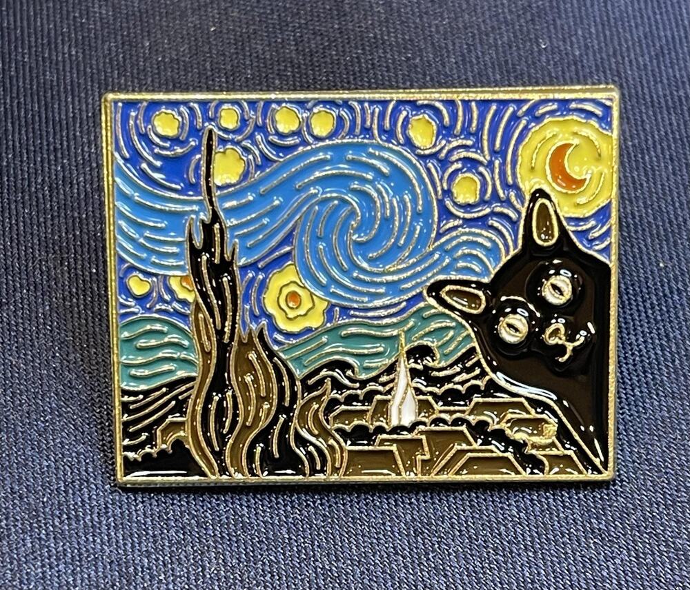 NWOT: Cat Starry Night Brooch Pin Blue Enamel Van Gogh Art Animals Collectible